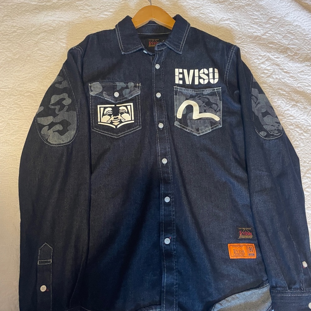 Evisu Custom Made Denim Jacket with Orange and Black Patches